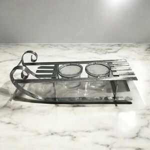 Silvertone metal sleigh-shaped tealight votive candle holder w/ glass insert NWT